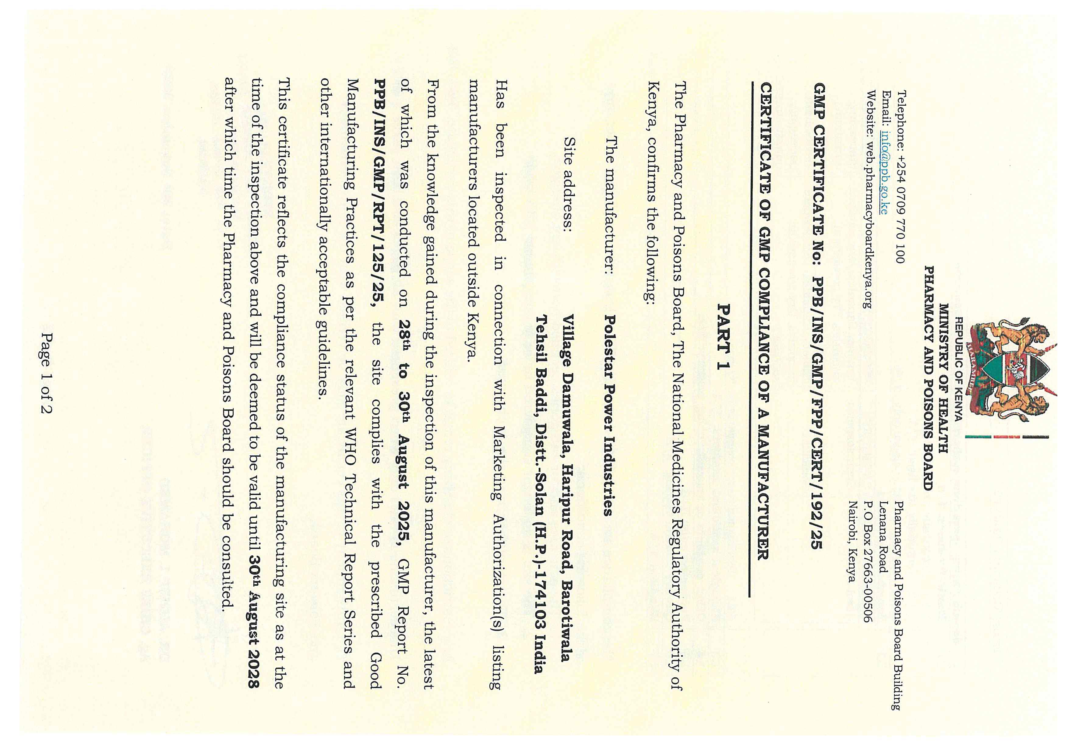 Kenya Approval Certificate